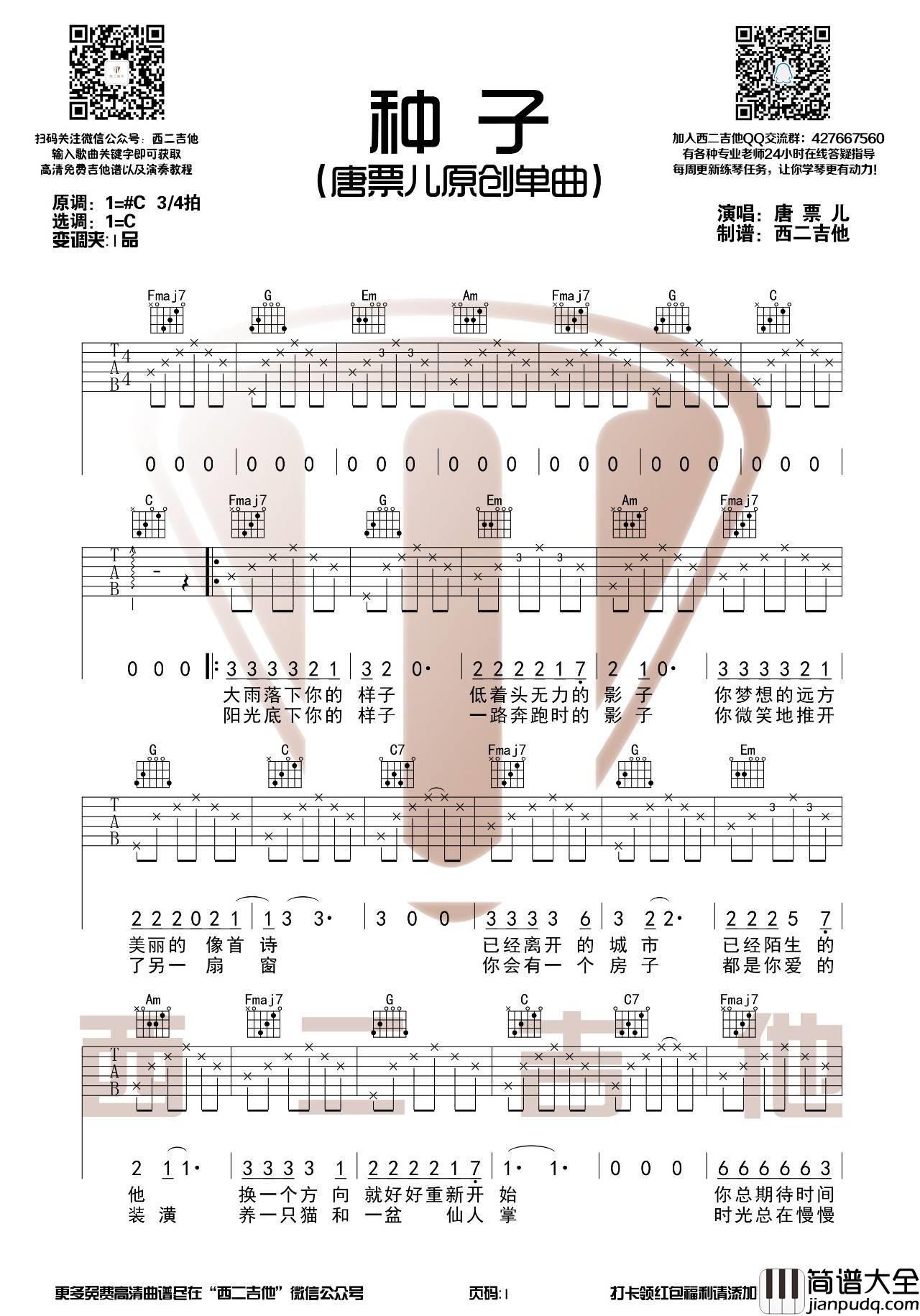 种子吉他谱_C调高清版_西二吉他编配_唐票儿