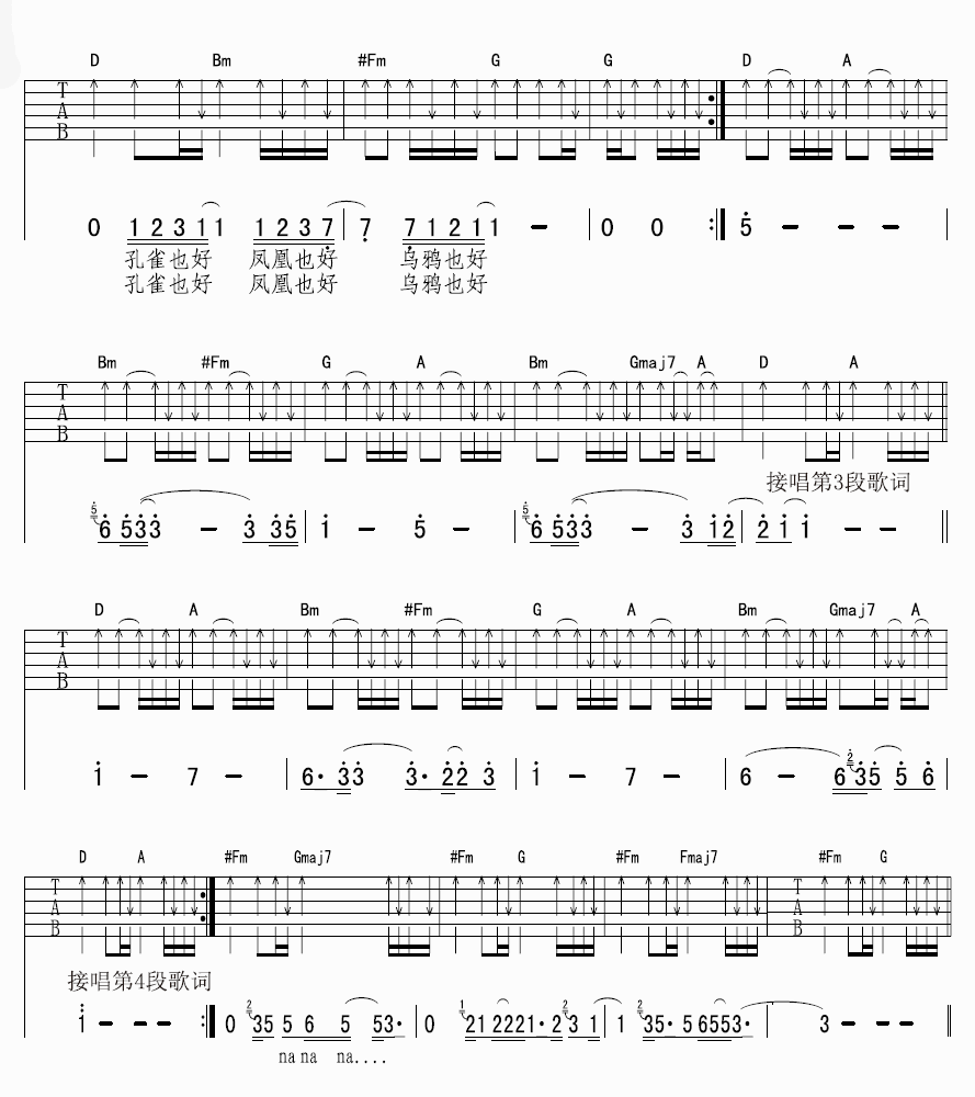 鸟语吉他谱_D调扫弦版_董路编配_万晓利