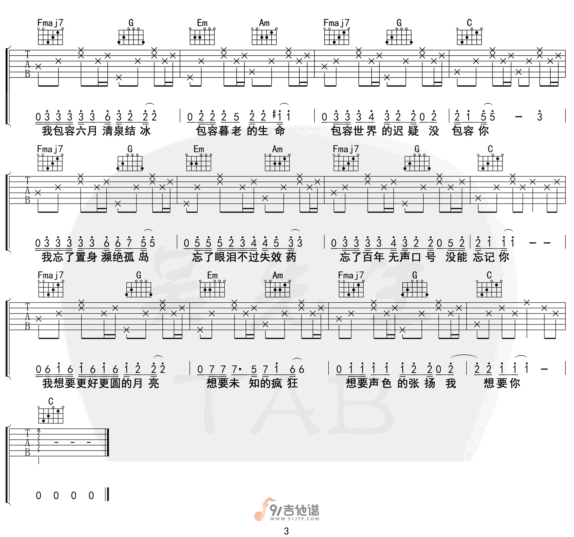 陈粒_奇妙能力歌_吉他谱_C调指法原版编配_民谣吉他弹唱六线谱
