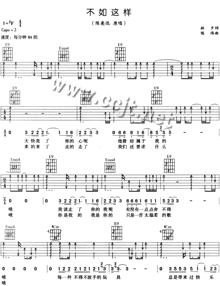 不如这样吉他谱_F调六线谱_扫弦版_陈奕迅
