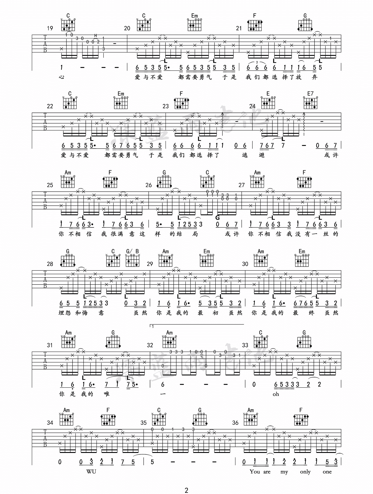 _你是我的唯一_吉他谱_林俊杰_C调原版六线谱_吉他弹唱教学