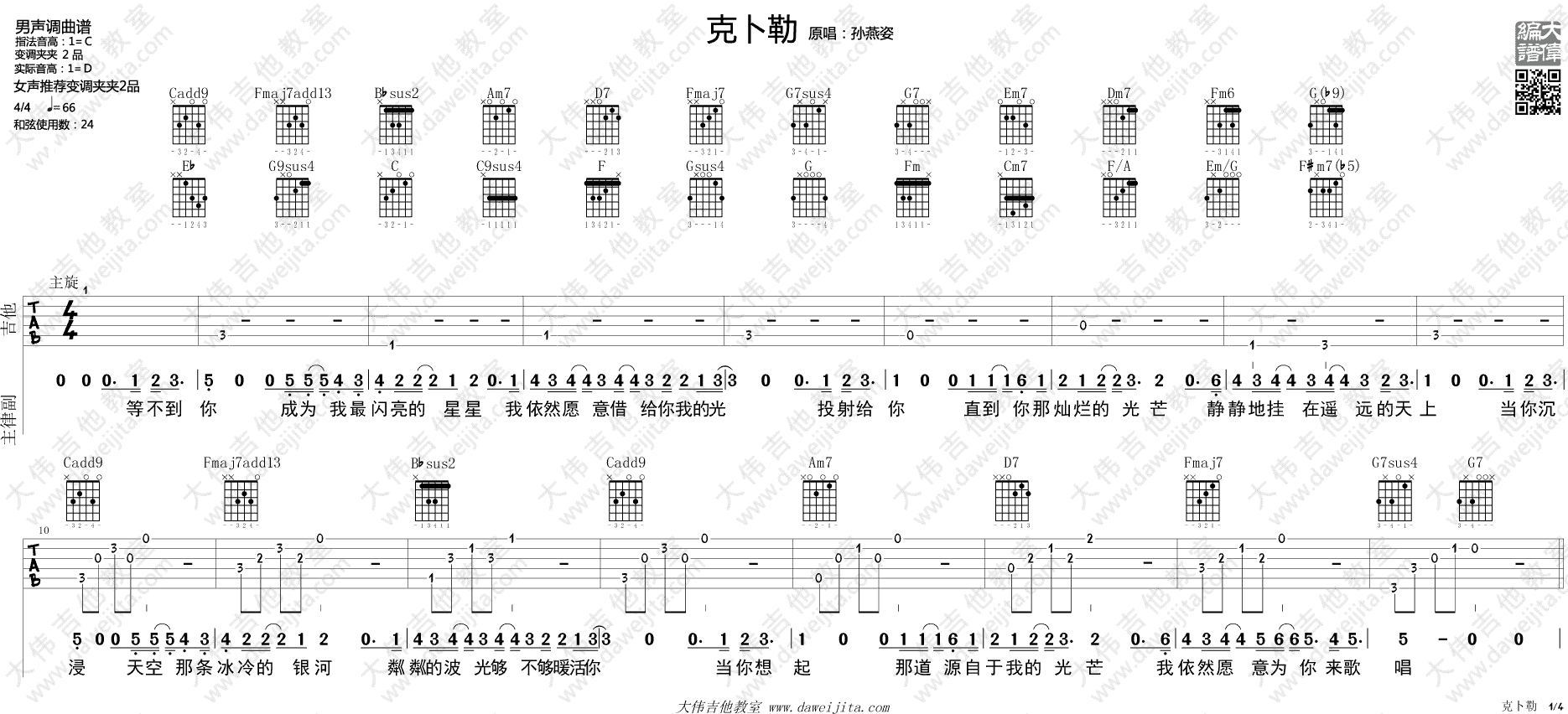 克卜勤吉他谱_C调精选版_大伟吉他教室编配_孙燕姿