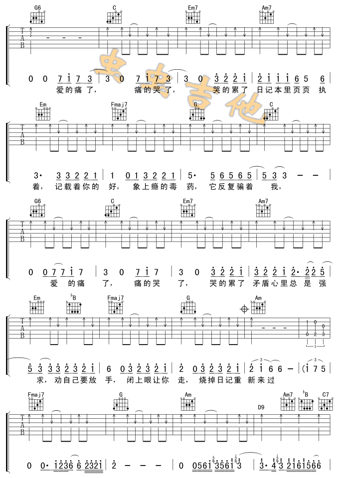 记事本吉他谱_C调弹唱六线谱_图片谱_周传雄