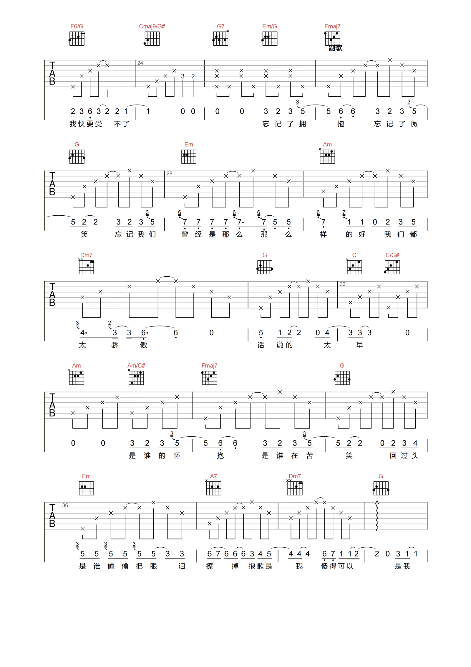忘记拥抱吉他谱_A_LIN_C调原版弹唱谱_附PDF图片谱