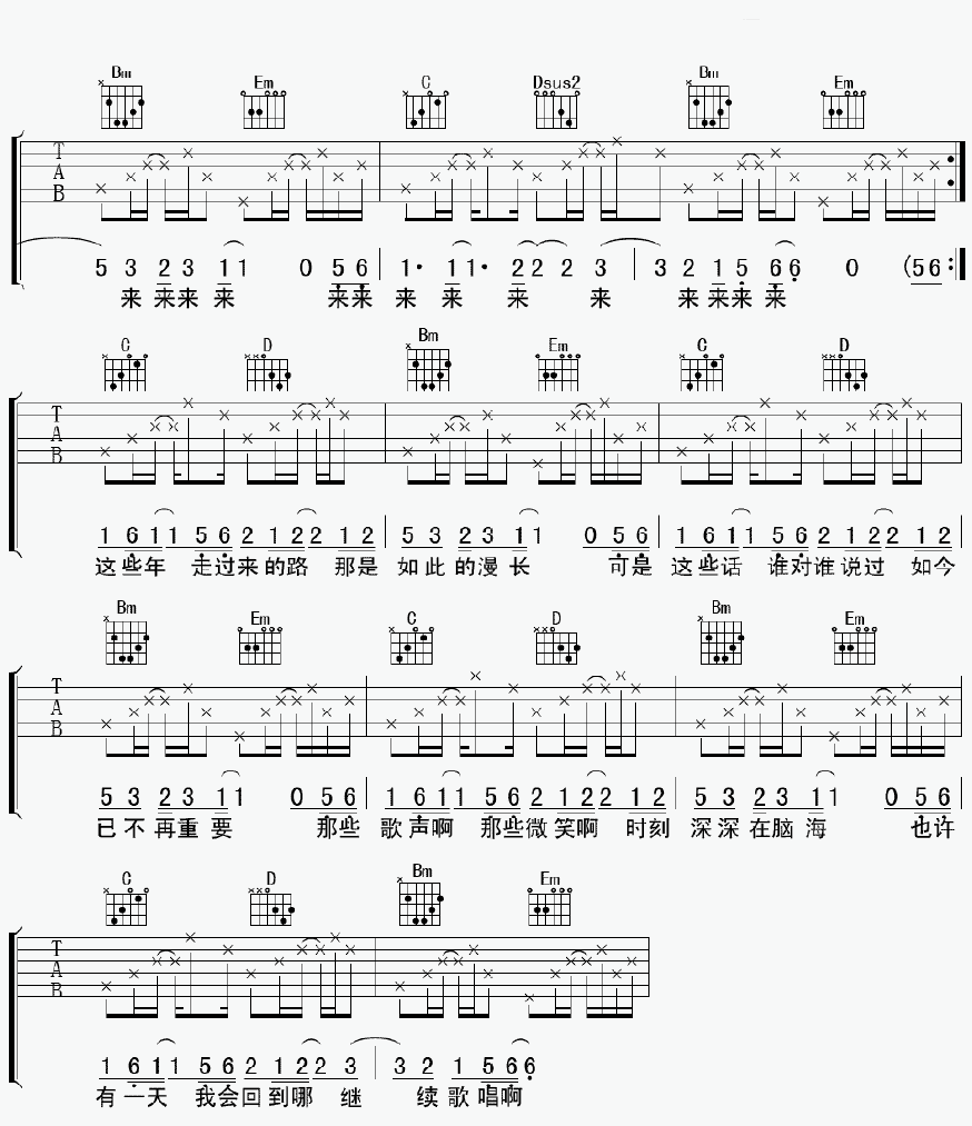 童年画面吉他谱_A调附前奏_彼岸吉他编配_晴天