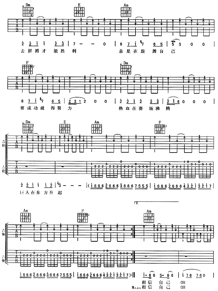 相信自己吉他谱_C调六线谱_虫虫吉他编配_零点乐队