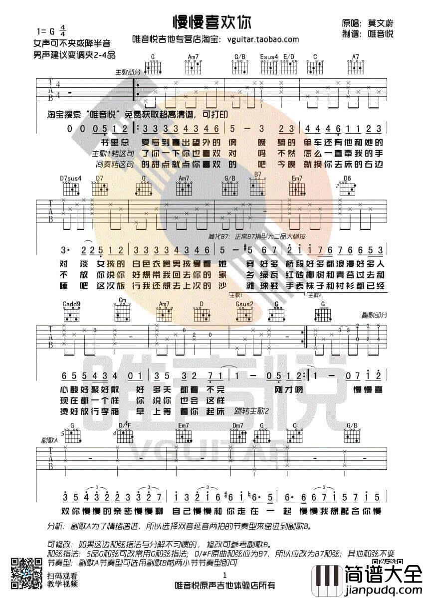 慢慢喜欢你吉他谱_G调女生版_莫文蔚