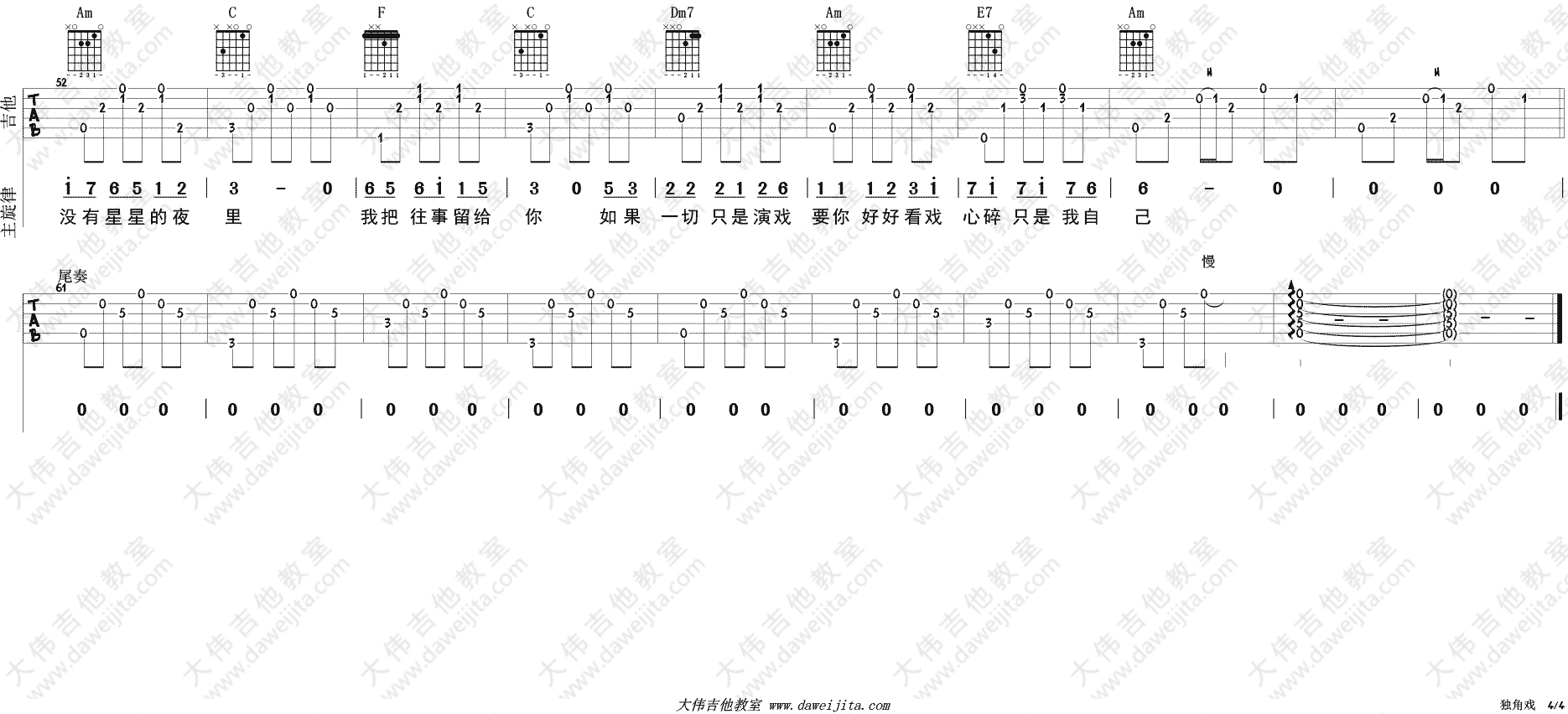 许茹芸_独角戏_吉他谱_C调原版__独角戏_吉他弹唱演示