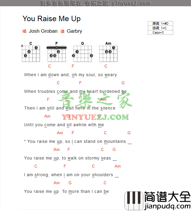 you_raise_me_up吉他谱_C调和弦谱_音乐之家编配_josh_groban