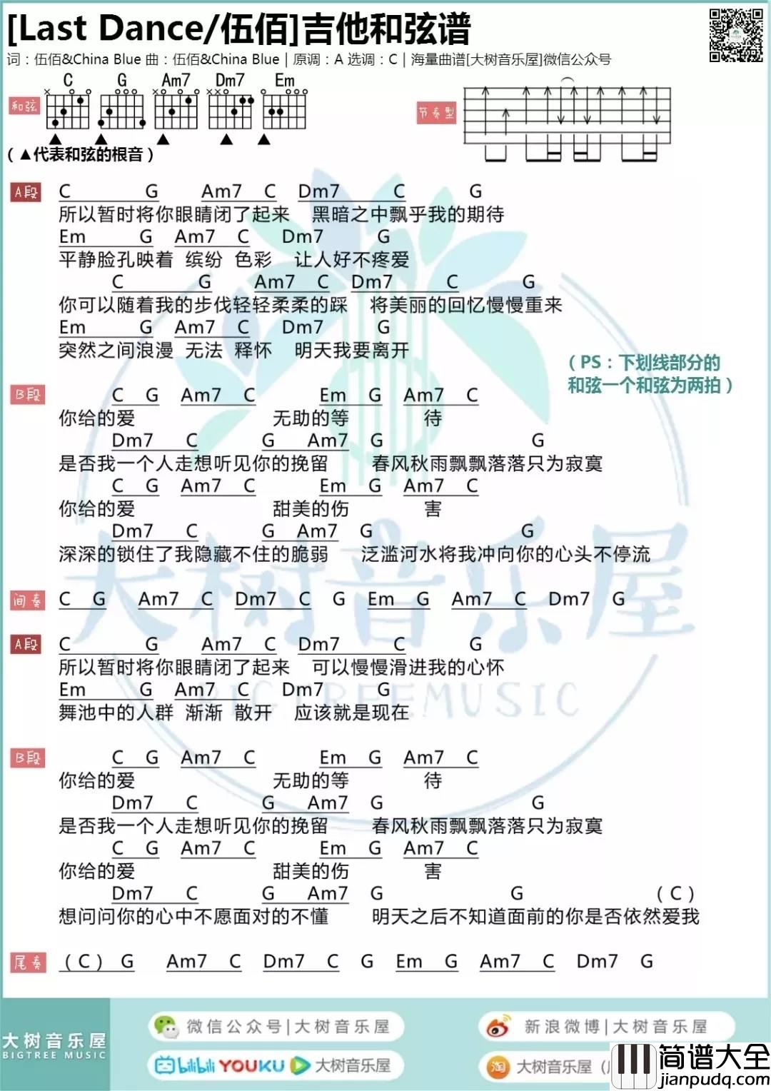 Last_Dance吉他谱_C调和弦谱_大树音乐屋编配_伍佰