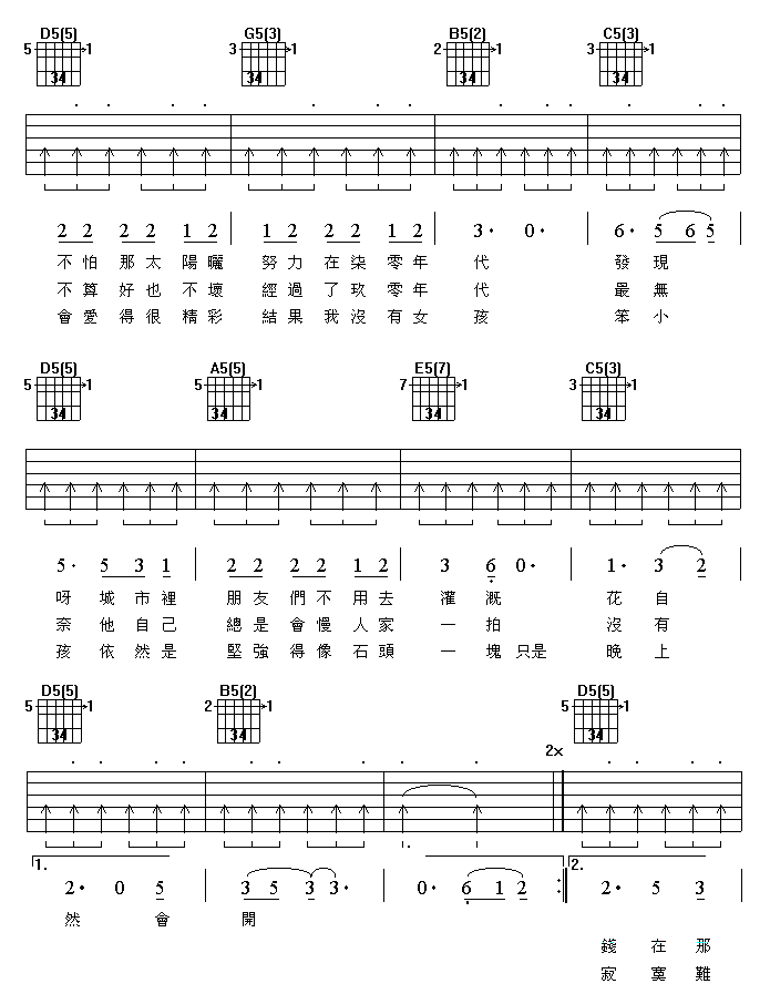 笨小孩吉他谱_G调扫弦版_中文吉他音乐社区编配_刘德华