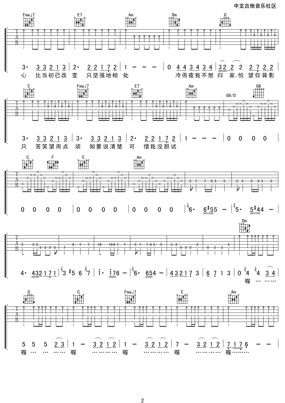 冷雨夜吉他谱_C调_17吉他编配_Beyond