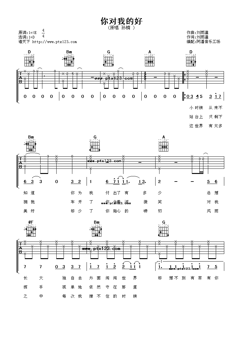 你对我的好吉他谱_D调附前奏_阿潘音乐工场编配_孙楠