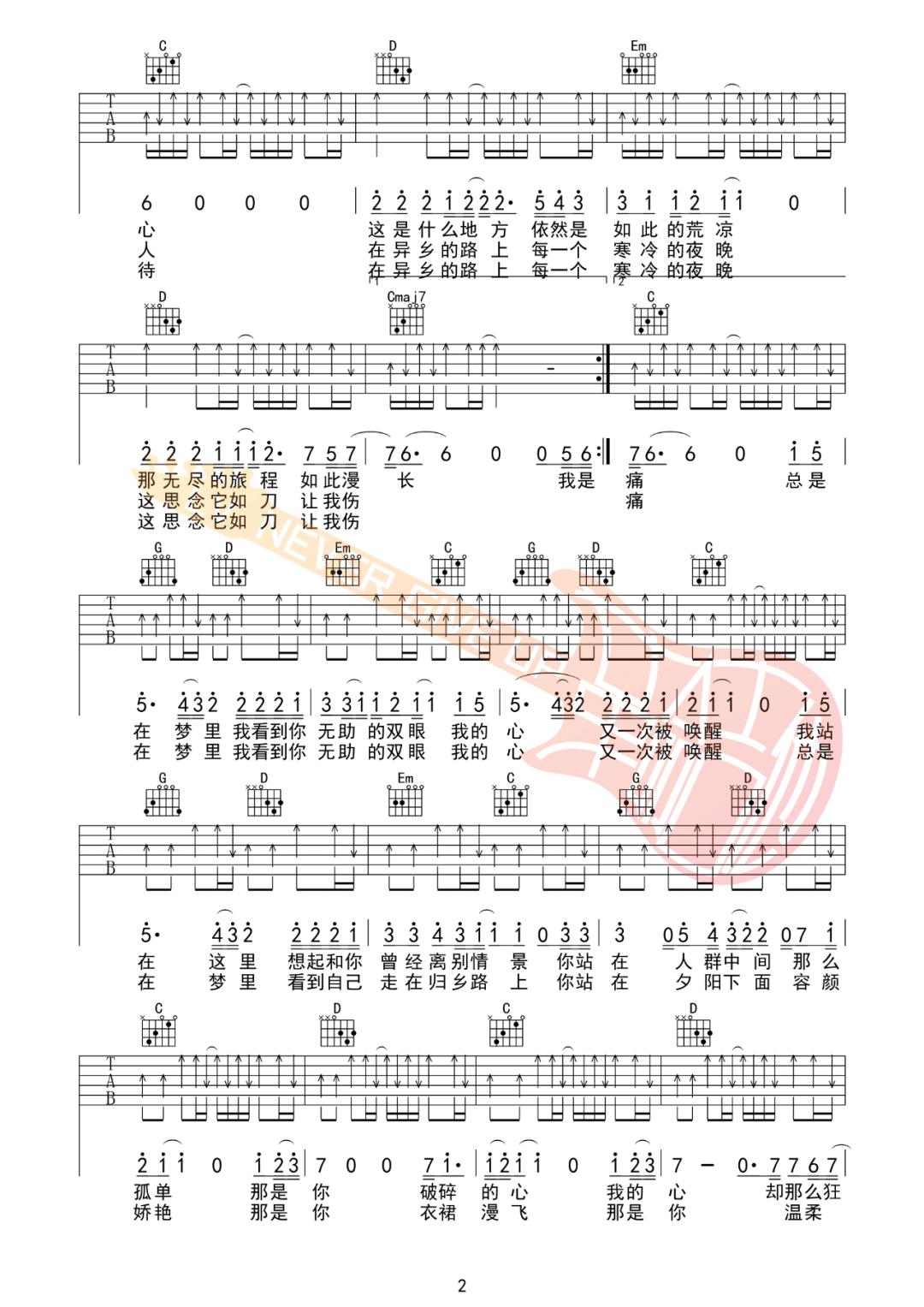 故乡吉他谱_许巍_故乡G调原版六线谱_吉他弹唱教学视频