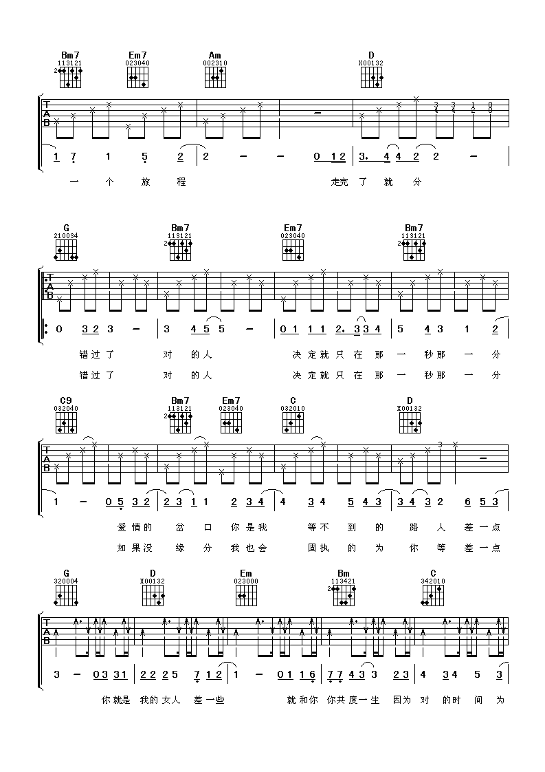 差一点吉他谱_G调_阿潘音乐工厂编配_阿杜阿杜