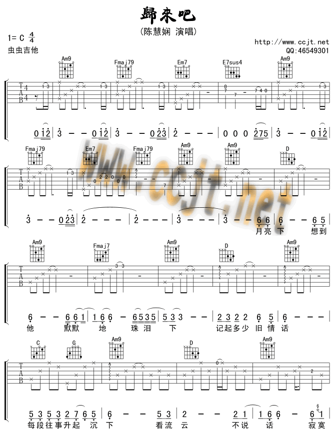 归来吧吉他谱_C调六线谱_虫虫吉他编配_陈慧娴
