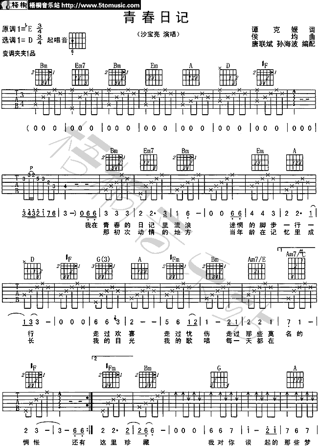 青春日记吉他谱_D调六线谱_梧桐音乐站编配_沙宝亮