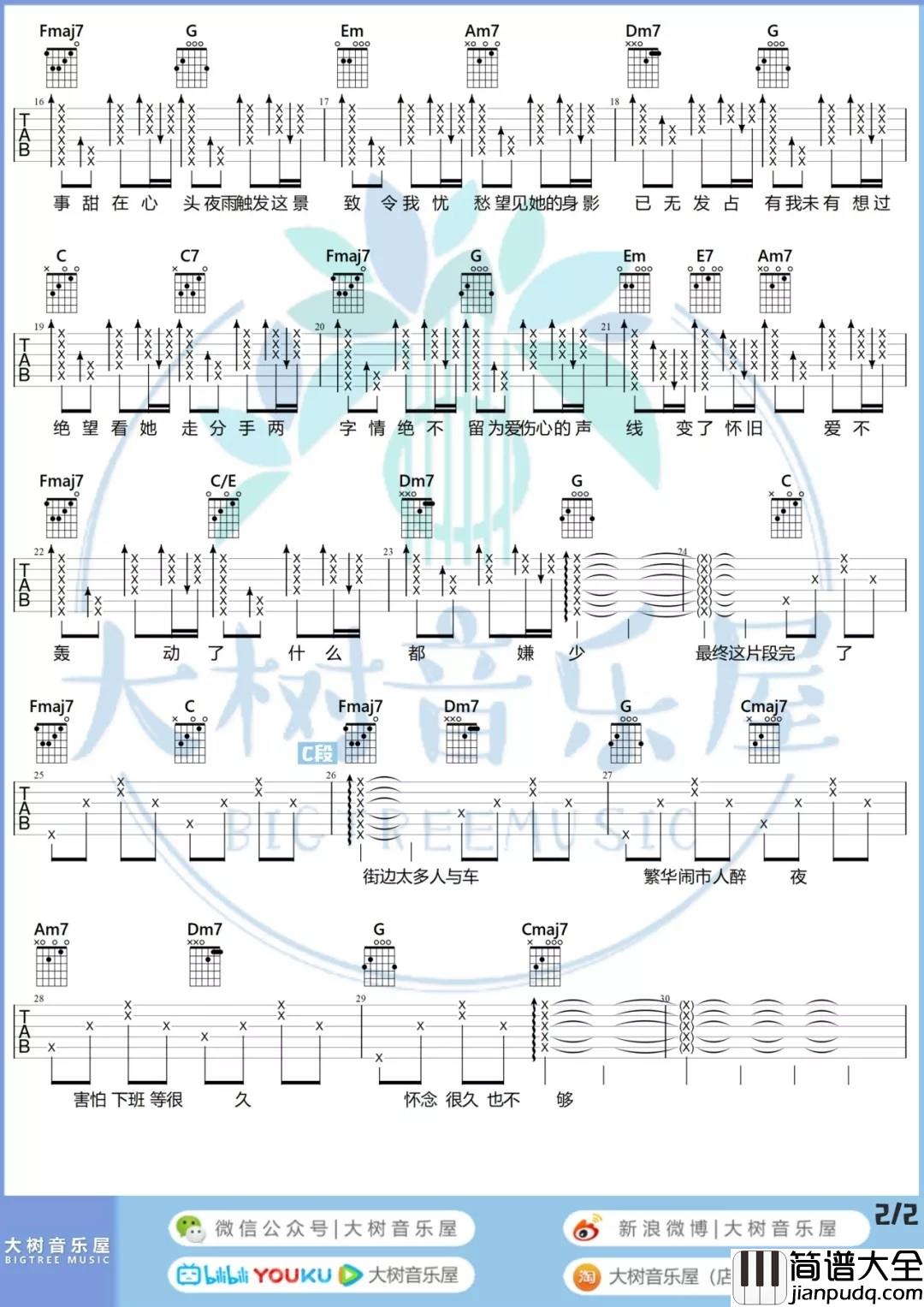 弥敦道吉他谱_C调和弦谱_大树音乐屋编配_洪卓立