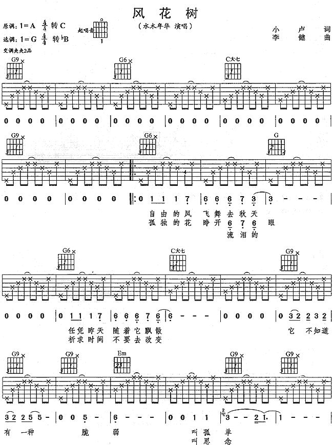 风花树吉他谱_G调六线谱_简单版_水木年华
