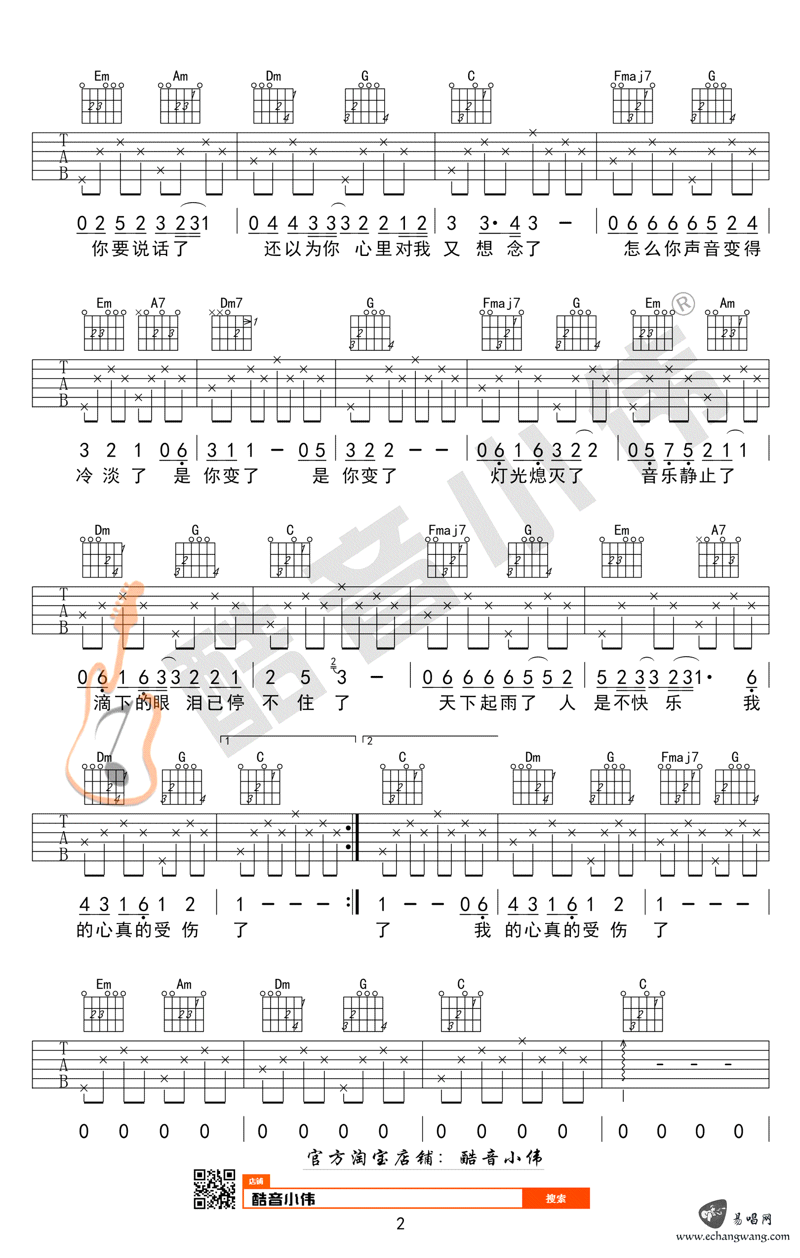 我的心真的受伤了吉他谱_C调高清版_酷音小伟编配_张学友