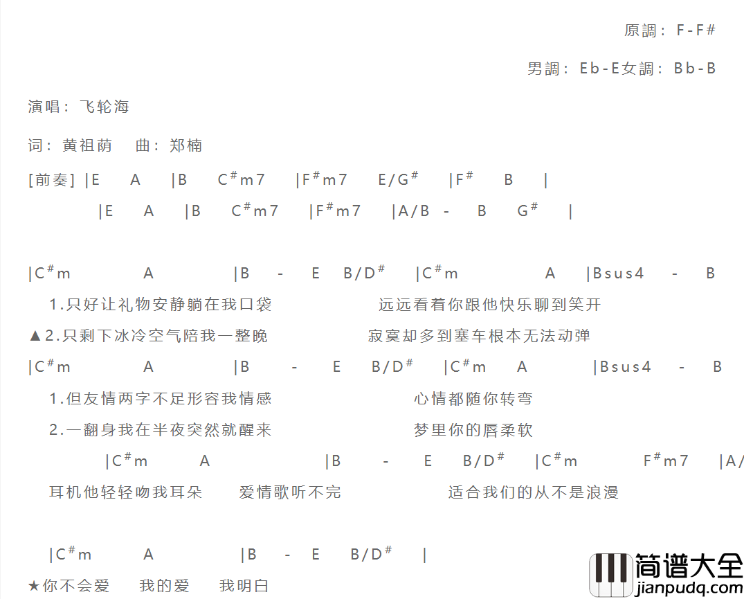 不会爱吉他谱_F调和弦谱_简单版_飞轮海