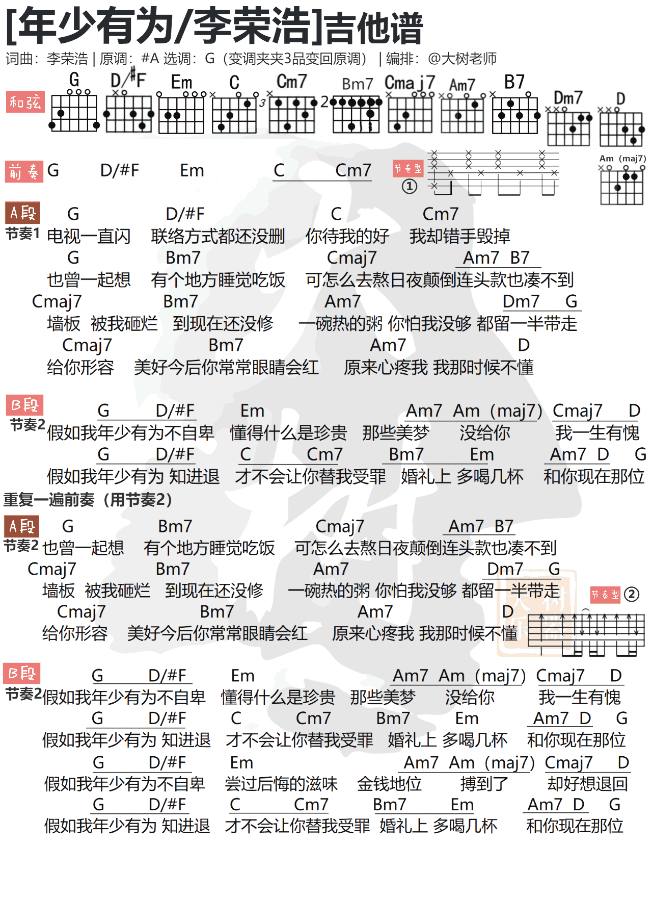 年少有为吉他谱_G调简单版_大树乐器编配_李荣浩