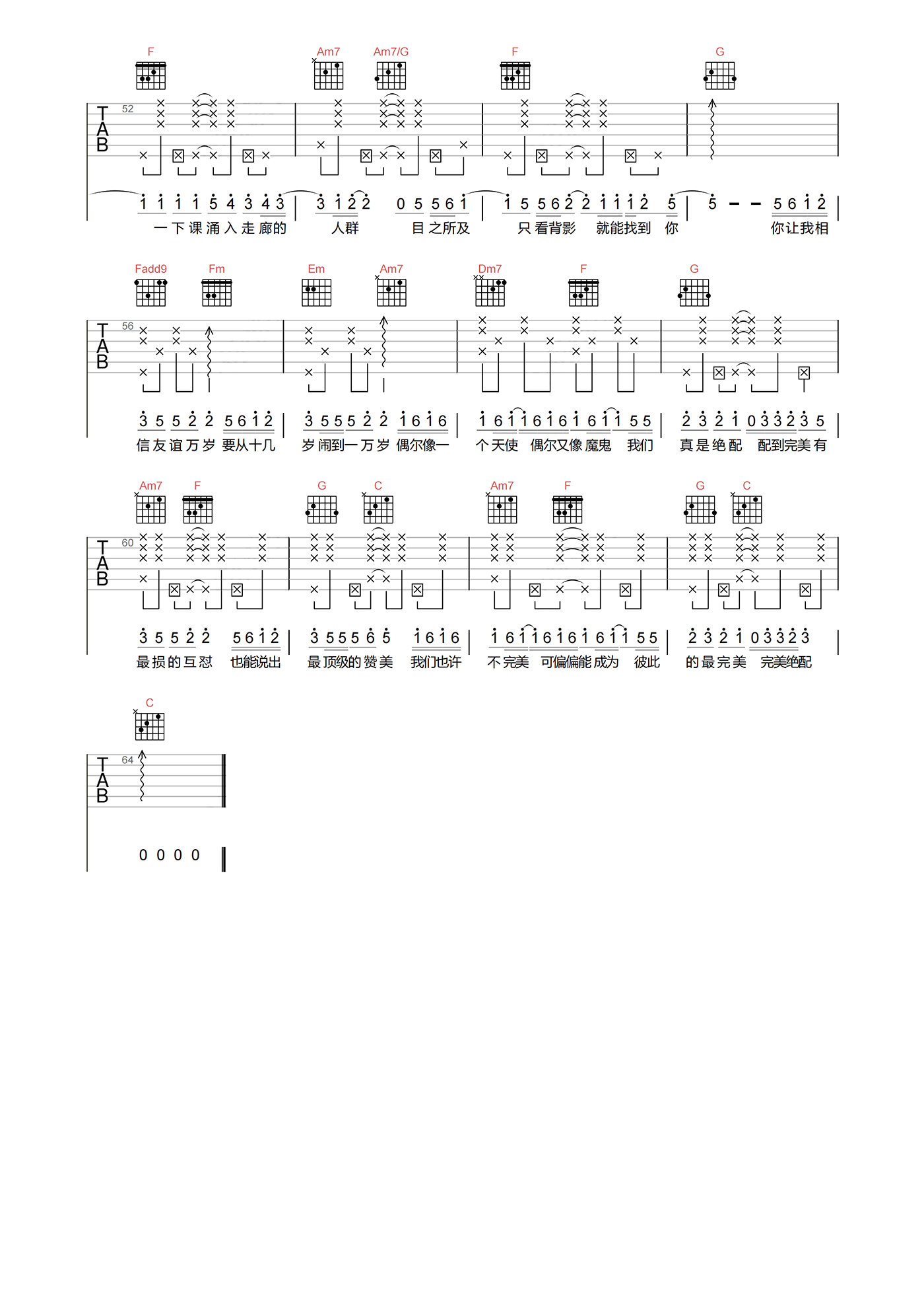 绝配吉他谱_时代少年团_C调原版吉他六线谱