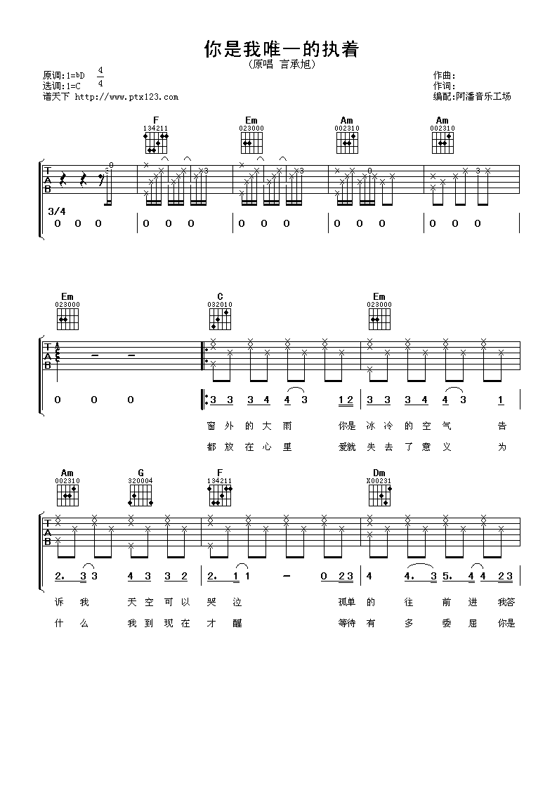 你是我唯一的执着吉他谱_C调_阿潘音乐工场编配_言承旭