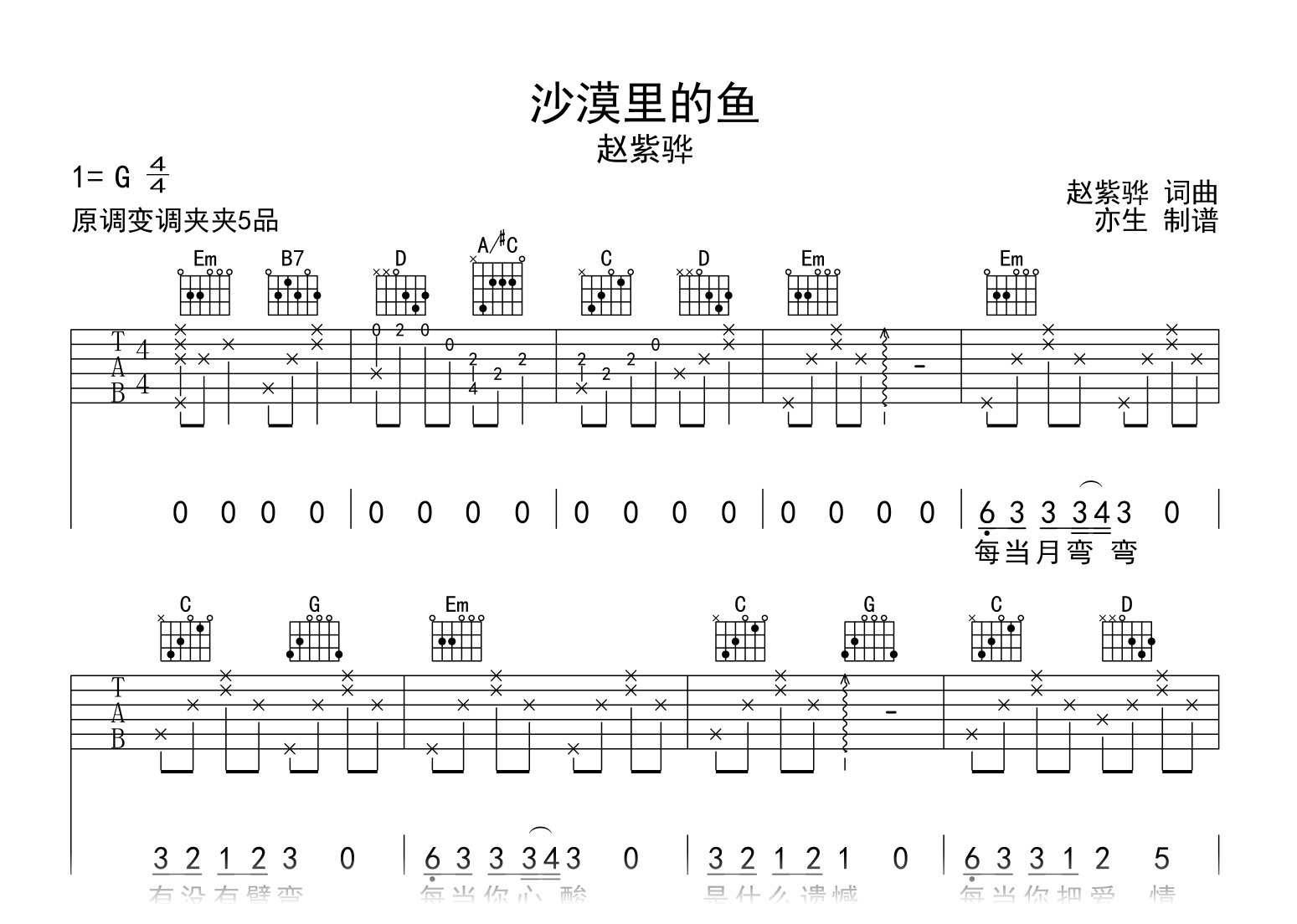 沙漠里的鱼吉他谱_赵紫骅_G调弹唱六线谱