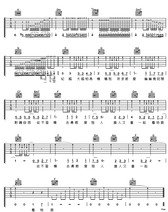 二十世纪少年吉他谱_C调六线谱_简单版_Ping_Pung