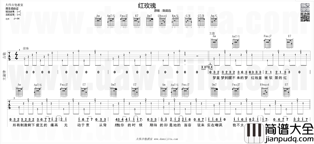 白玫瑰吉他谱_C调精选版_大伟吉他教室编配_陈奕迅