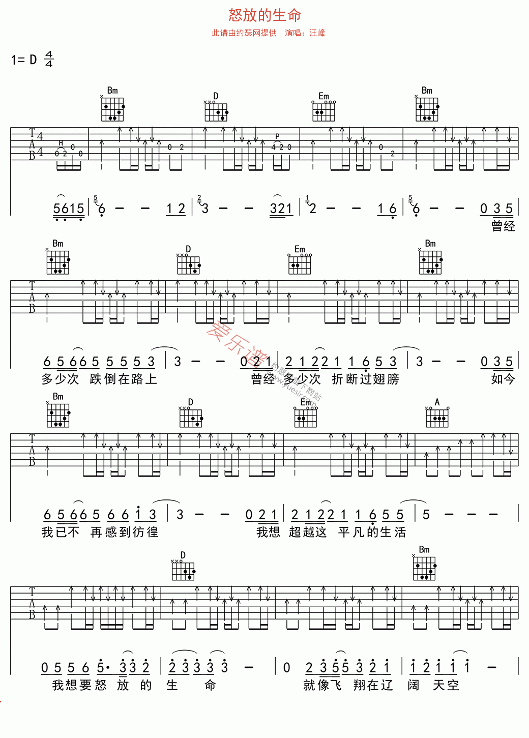 怒放的生命吉他谱_D调简单版_汪峰