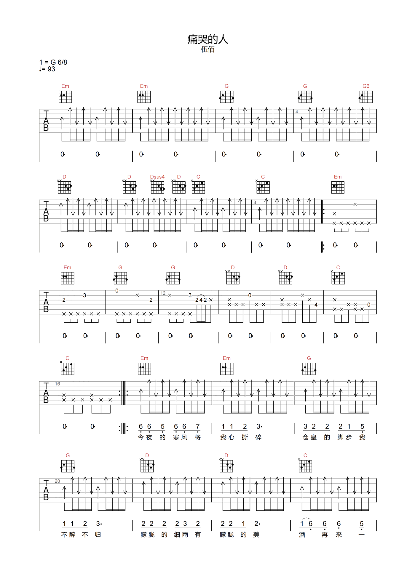 痛哭的人吉他谱_伍佰_G调原版编配_吉他弹唱六线谱