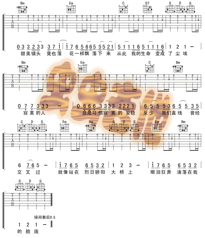 泪桥吉他谱_G调六线谱_虫虫吉他编配_伍佰