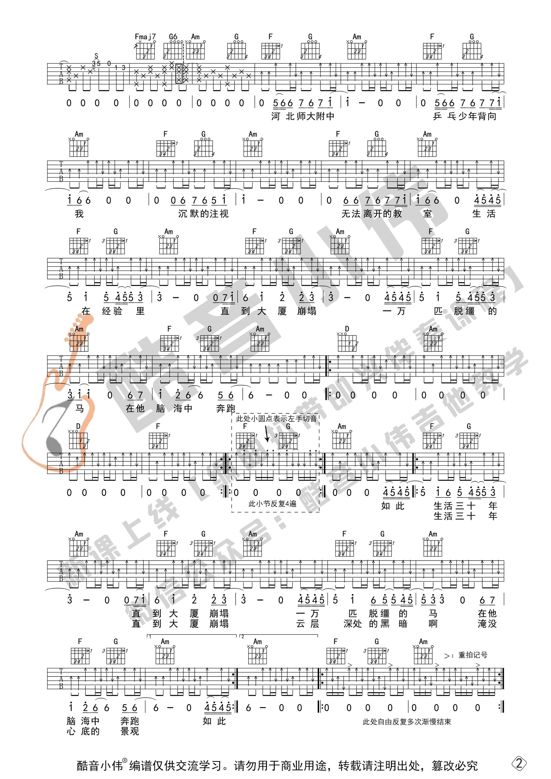 _杀死那个石家庄人_吉他谱C调中级版_酷音小伟编谱_万能青年旅店