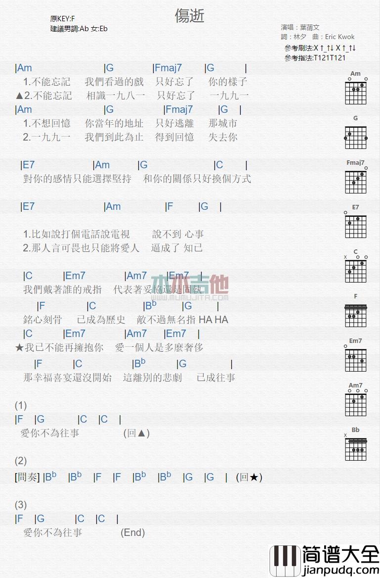 伤逝吉他谱_F调_木木吉他编配_叶倩文