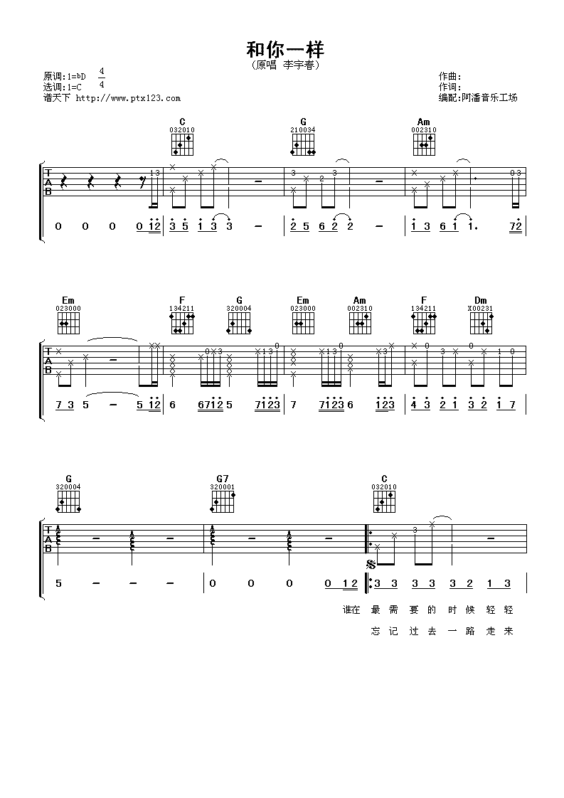 和你一样吉他谱_C调六线谱_阿潘音乐工场编配_李宇春