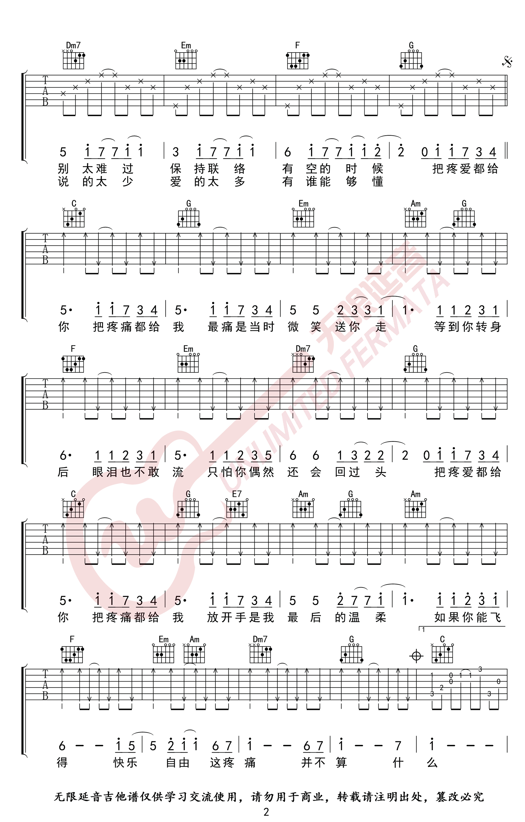 疼爱吉他谱_F调高清版_无限延音编配_萧敬腾