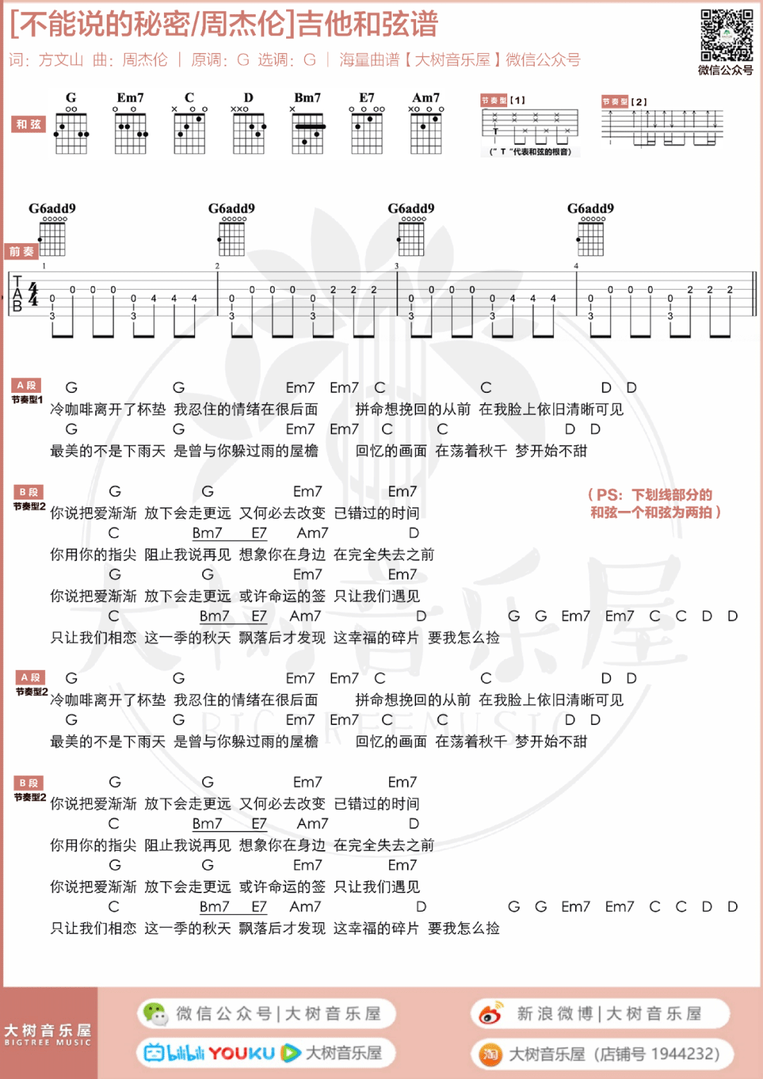 不能说的秘密吉他谱_周杰伦_G调六线谱/和弦谱_吉他弹唱教学