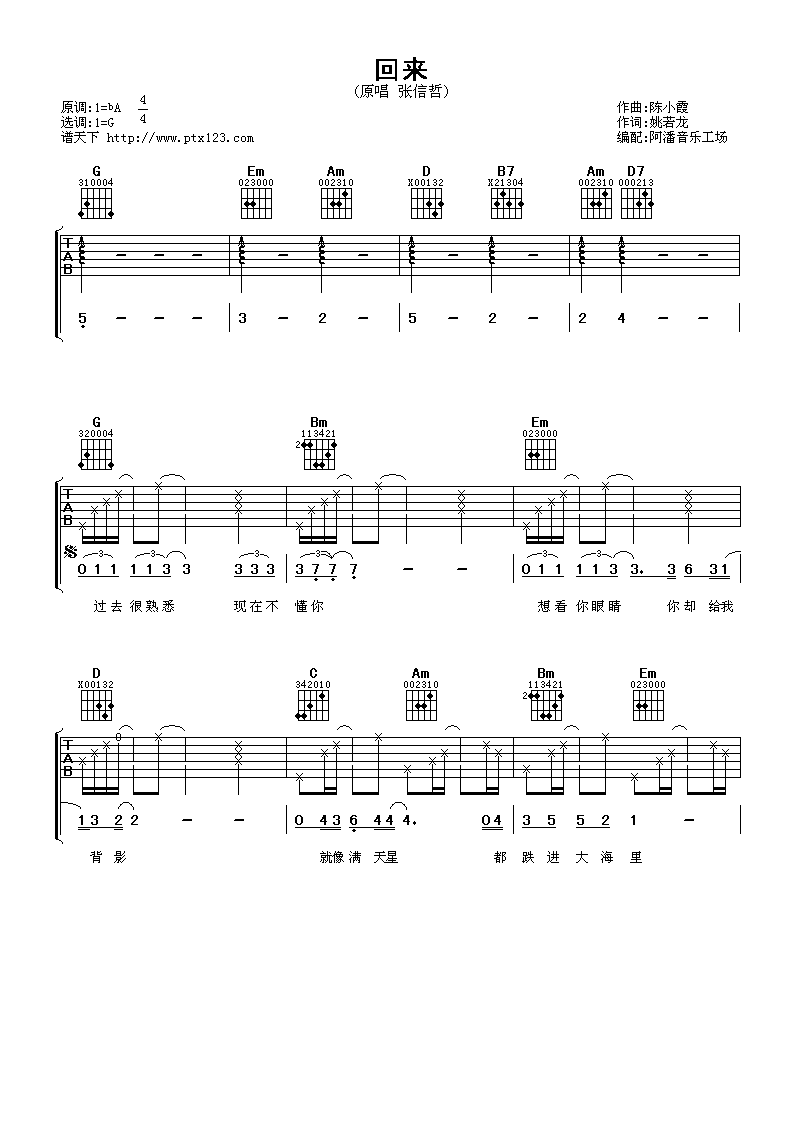 回来吉他谱_G调六线谱_阿潘音乐工场编配_张信哲