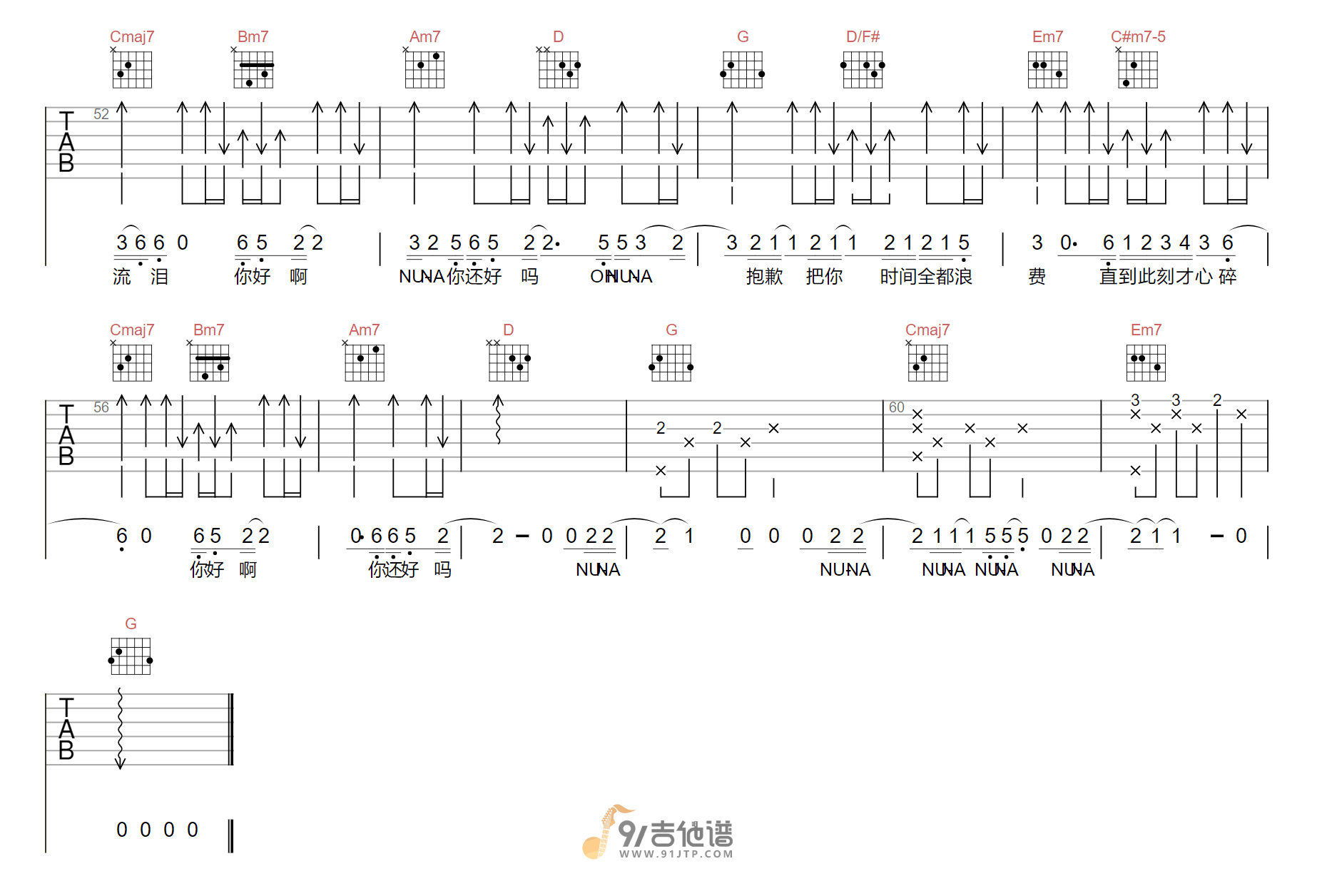 队长_NUNA_吉他谱_G调指法原版编配_民谣吉他弹唱六线谱