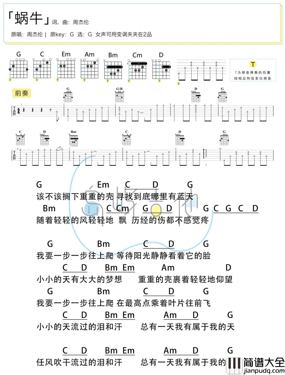 蜗牛吉他谱_周杰伦_G调女生原版_弹唱教学演示