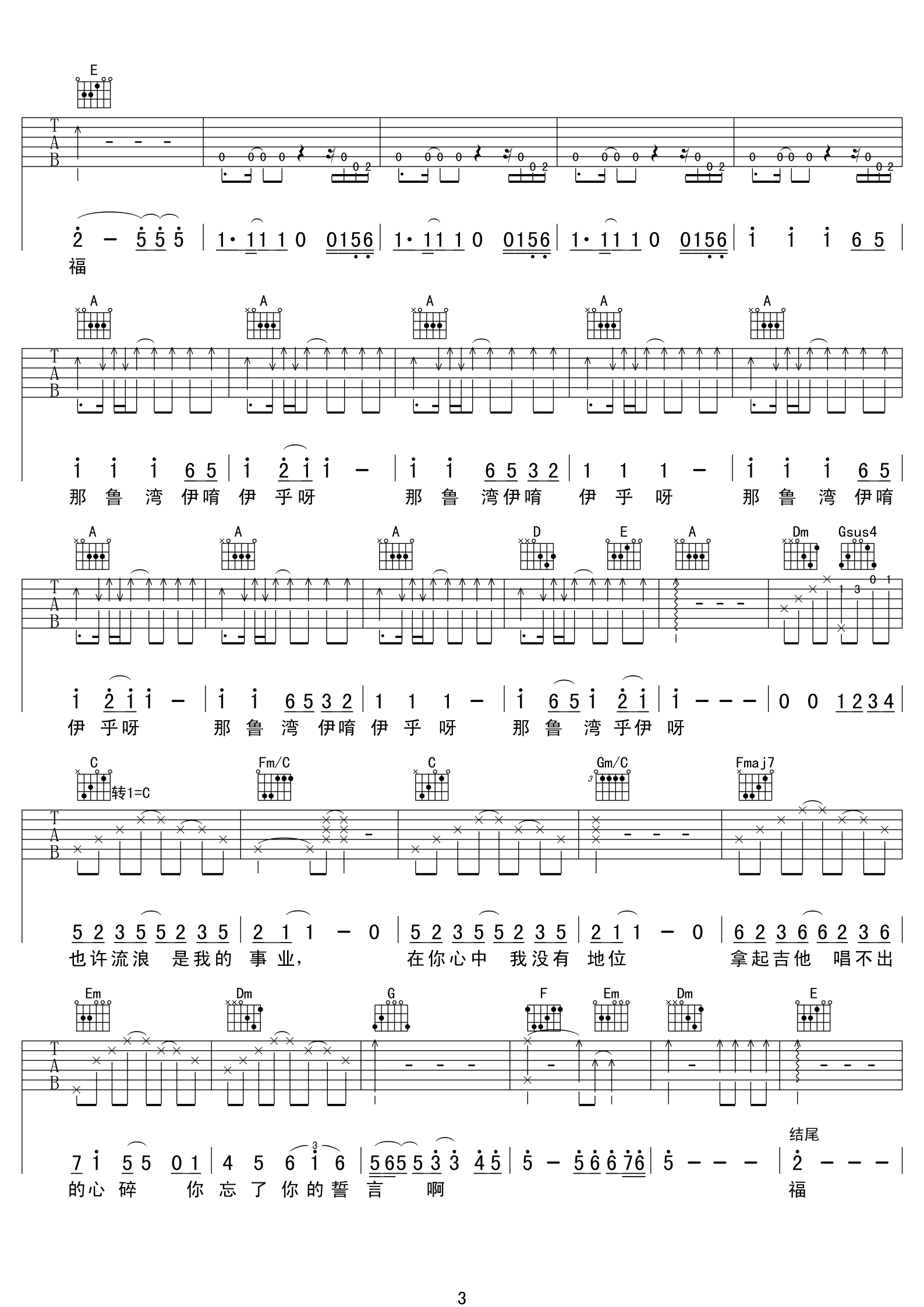 除了爱你还能爱谁吉他谱_C调精选版_中文吉他音乐社区编配_动力火车