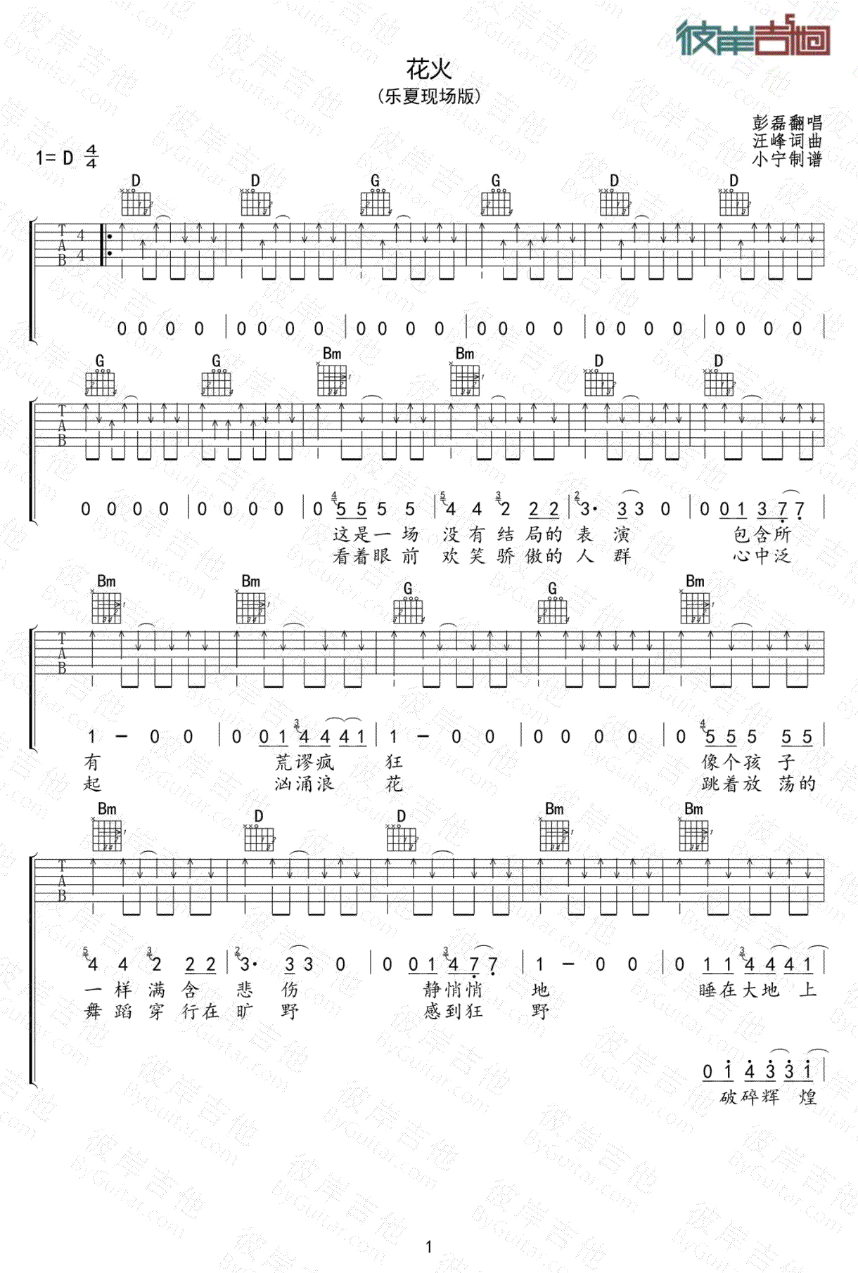 花火吉他谱_D调扫弦版_彼岸吉他编配_新裤子乐队