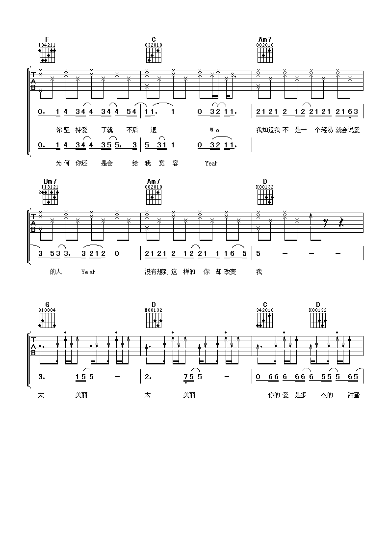 太美丽吉他谱_G调六线谱_阿潘音乐工场编配_陶喆