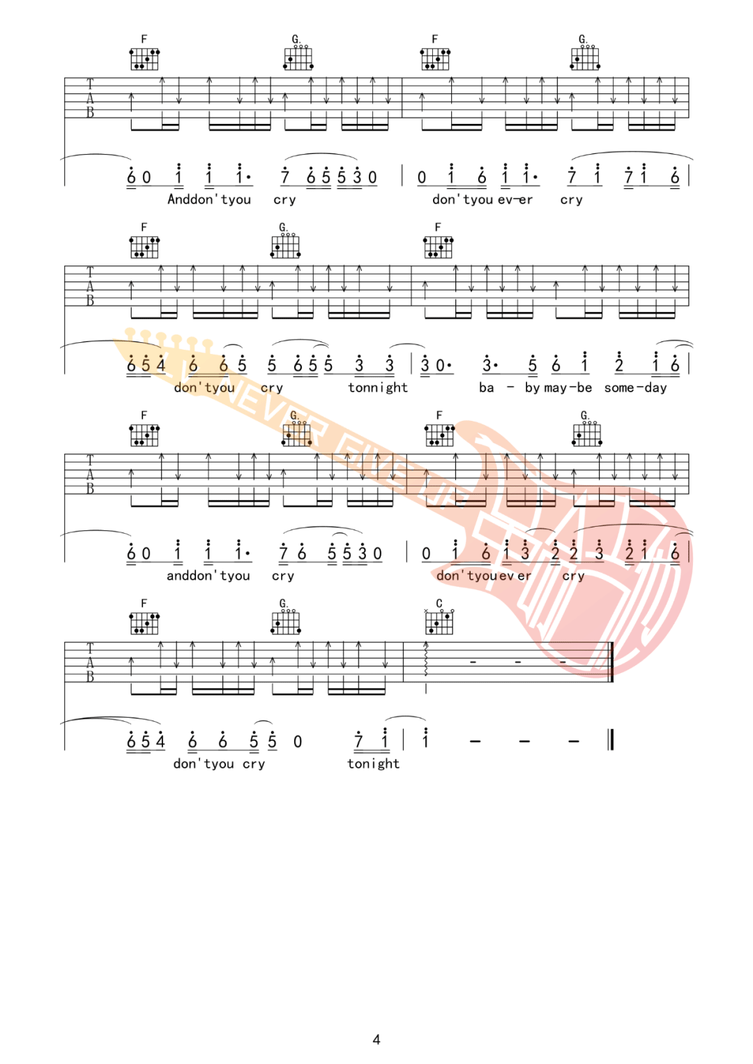 Don't_Cry吉他谱_枪花乐队_C调原版六线谱_吉他弹唱教学