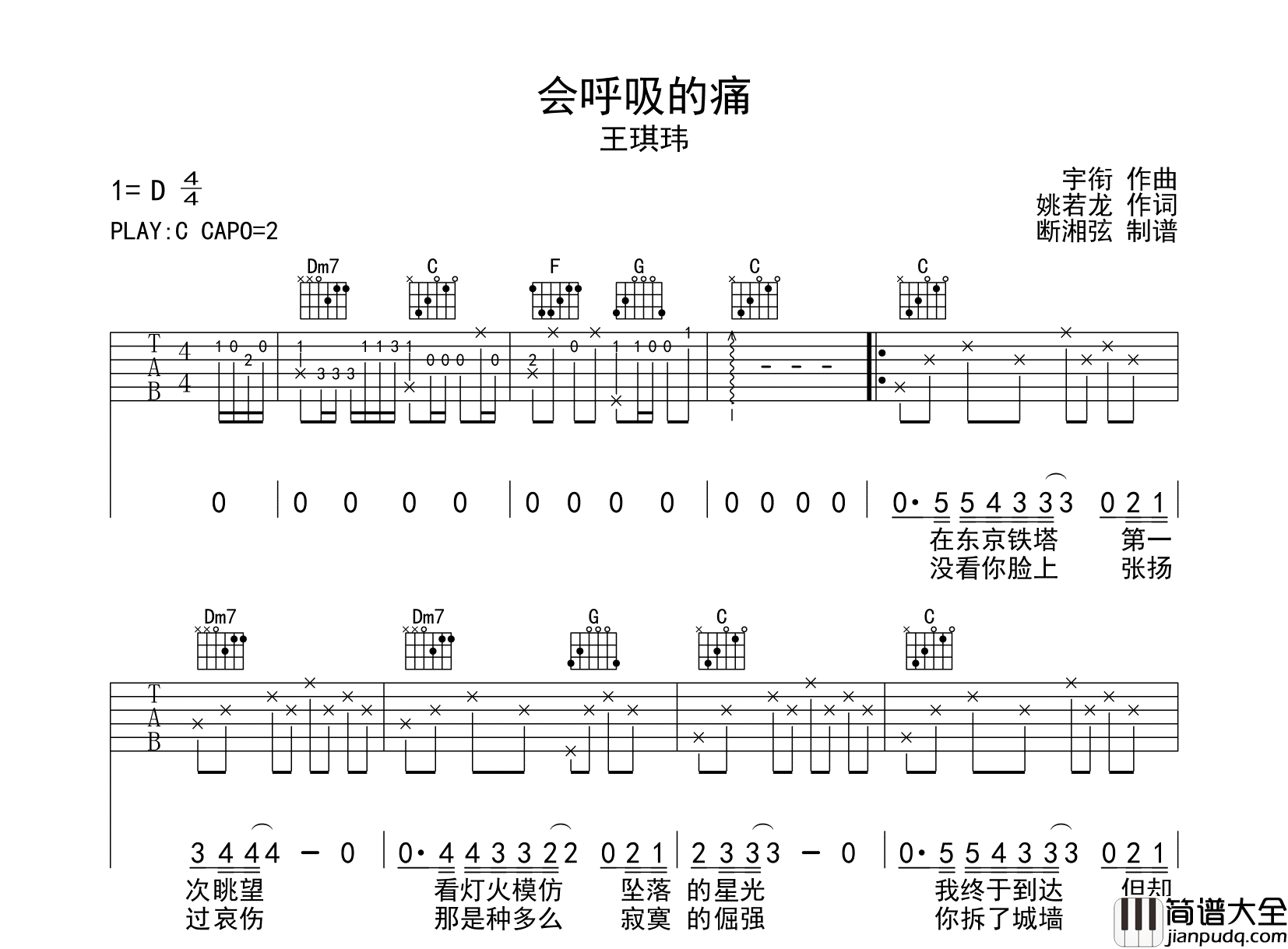 会呼吸的痛吉他谱_王琪玮版_C调原版六线谱_吉他弹唱谱