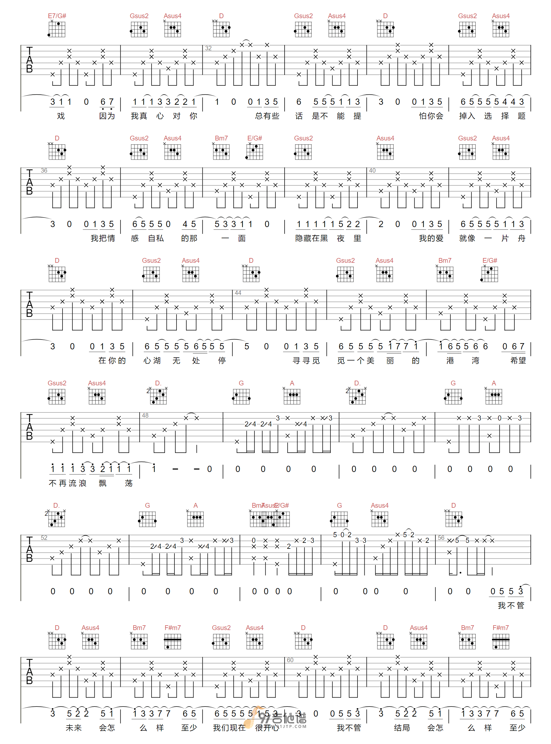 蓝心羽_小宇_吉他谱_D调指法原版编配_民谣吉他弹唱六线谱