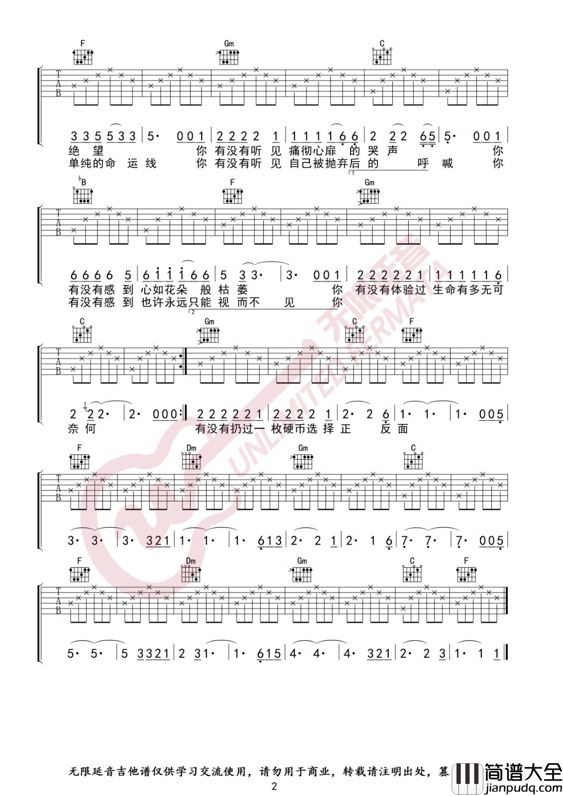 硬币吉他谱_F调高清版_无限延音编配_汪峰