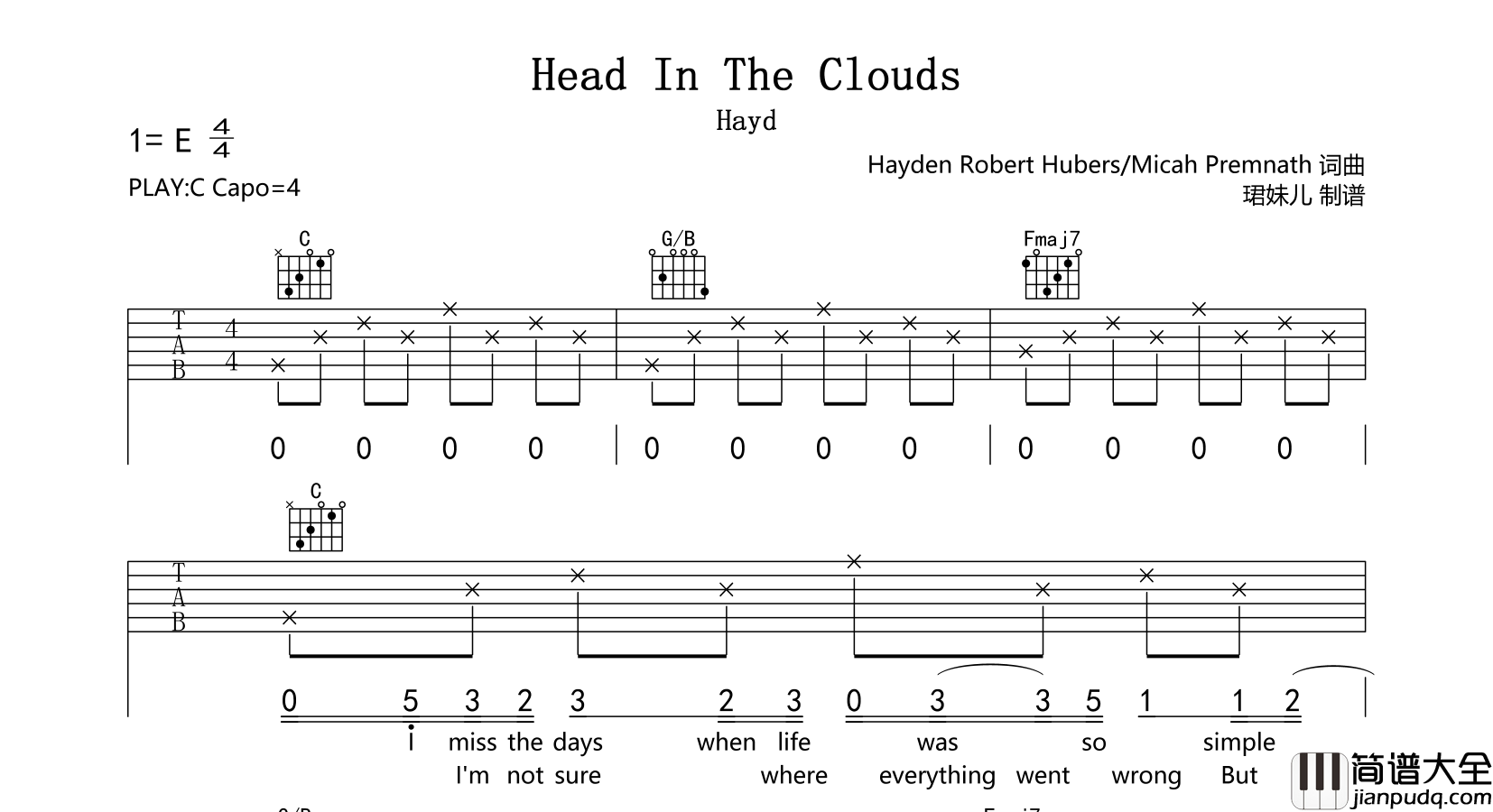 Hayd_Head_In_The_Clouds_吉他谱_C调吉他弹唱谱